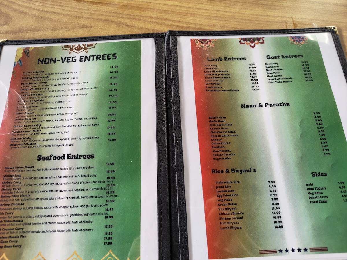 Aneri Indian Restaurant menu board
