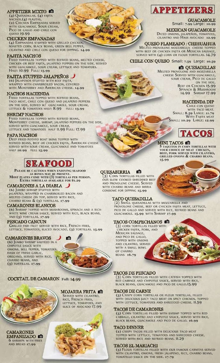 Hacienda Toro Rojo Mexican Bar & Grill menu board