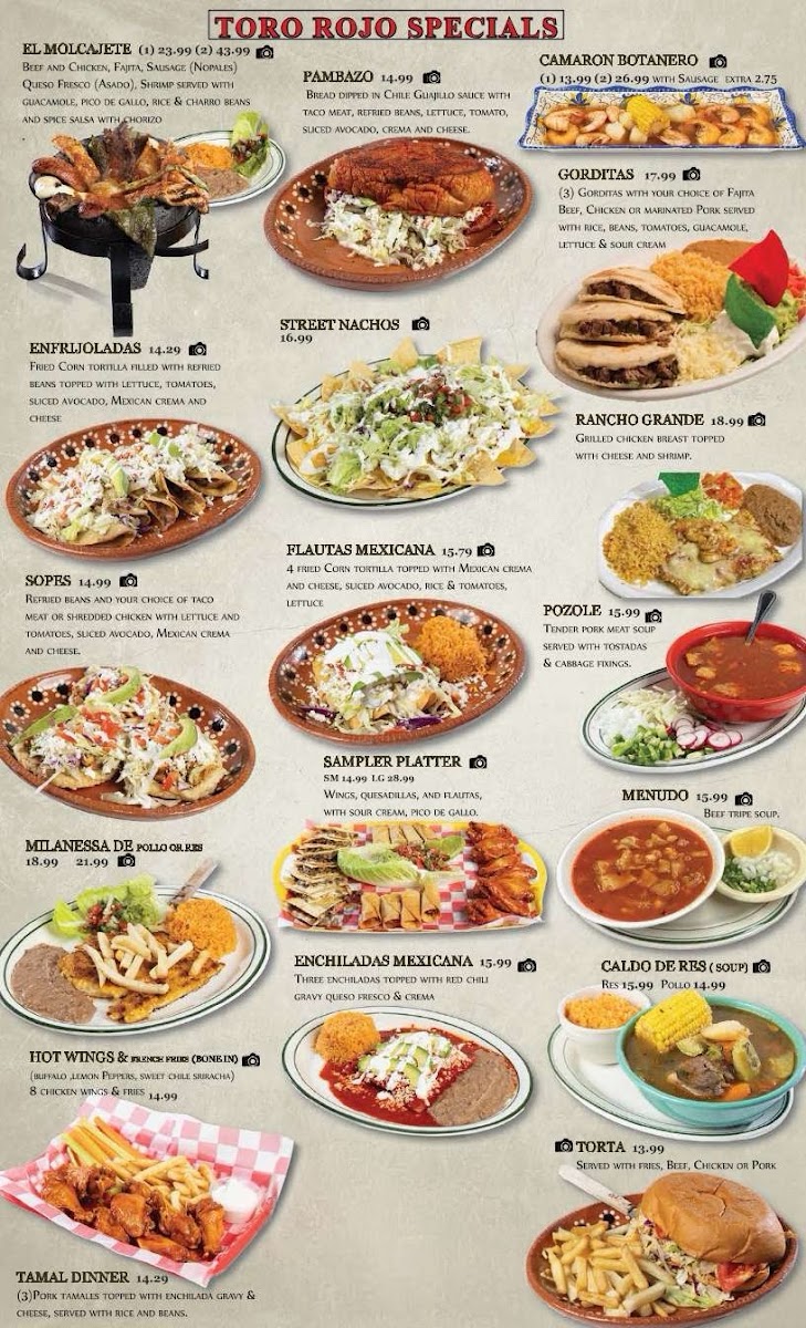 Hacienda Toro Rojo Mexican Bar & Grill menu board