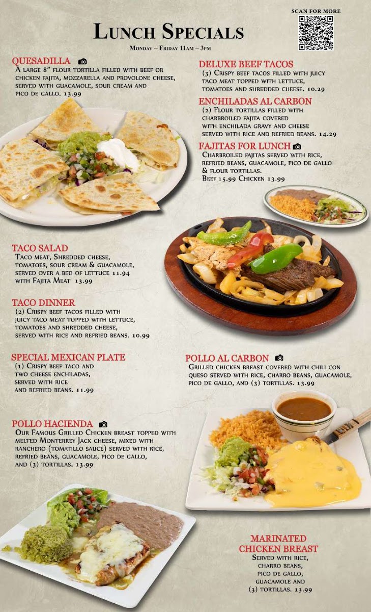 Hacienda Toro Rojo Mexican Bar & Grill menu board