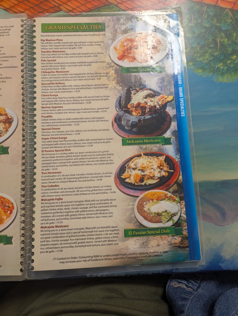 El Paisaje Mexican Grill menu board