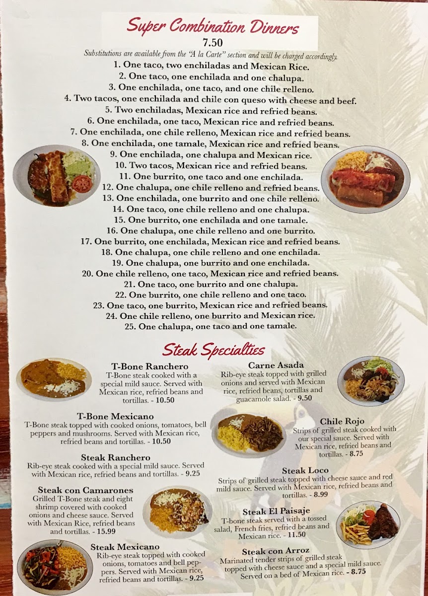 El Paisaje Mexican Grill menu board