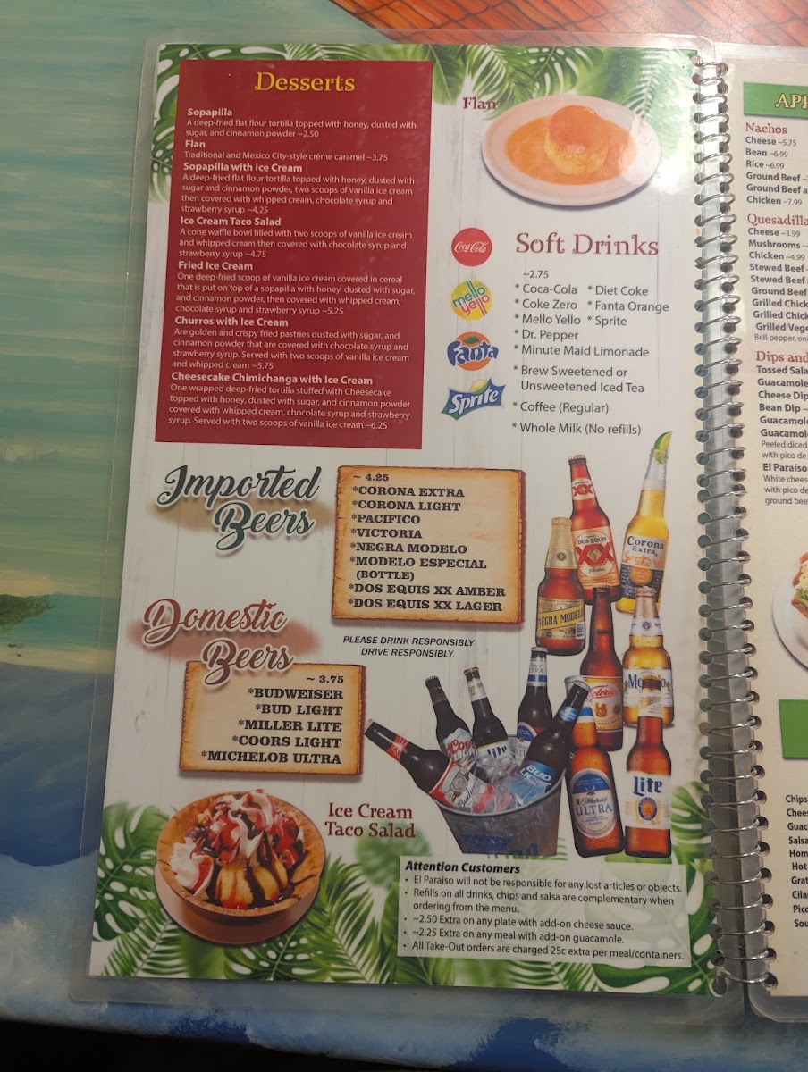 El Paisaje Mexican Grill menu board