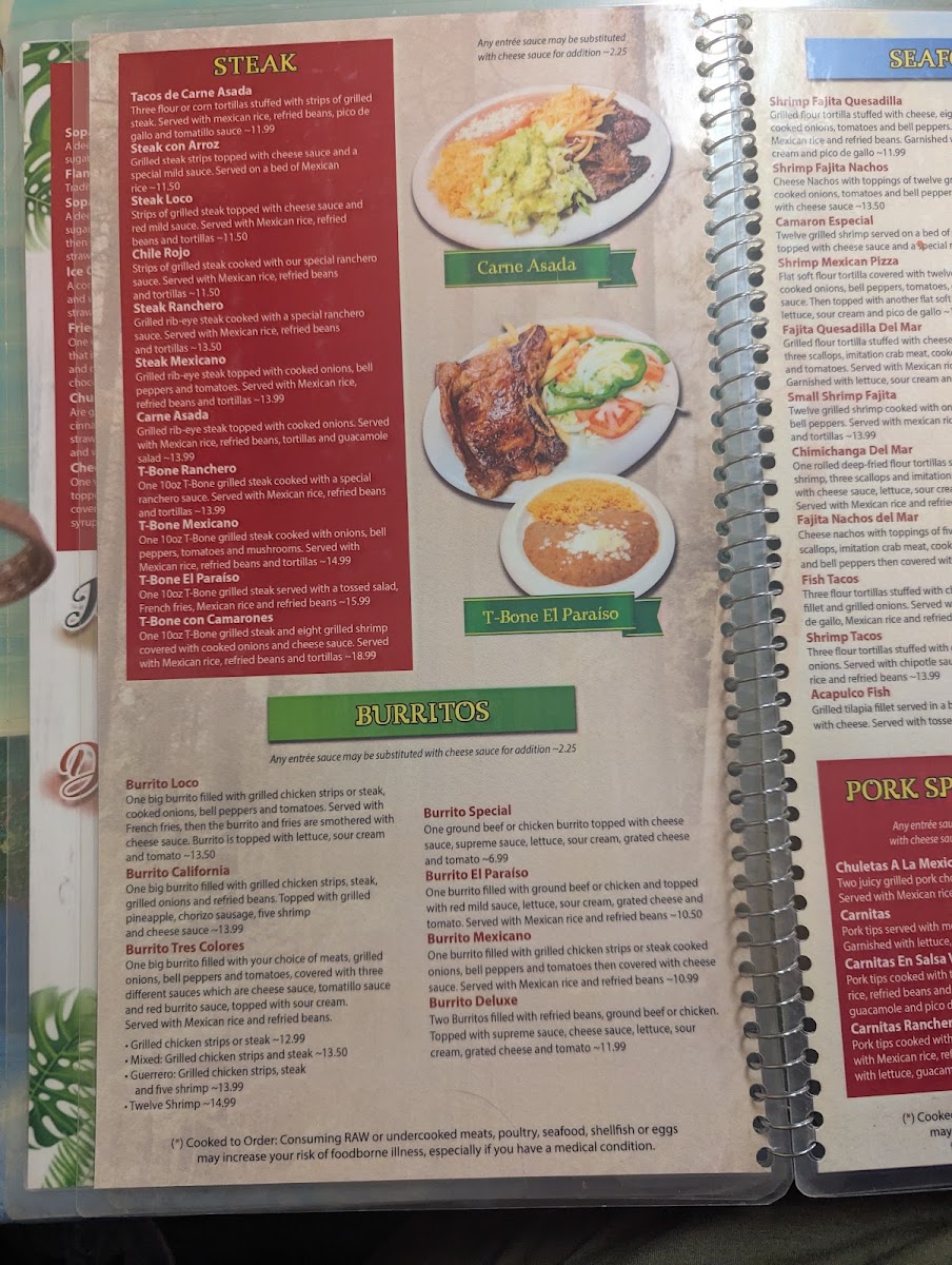 El Paisaje Mexican Grill menu board