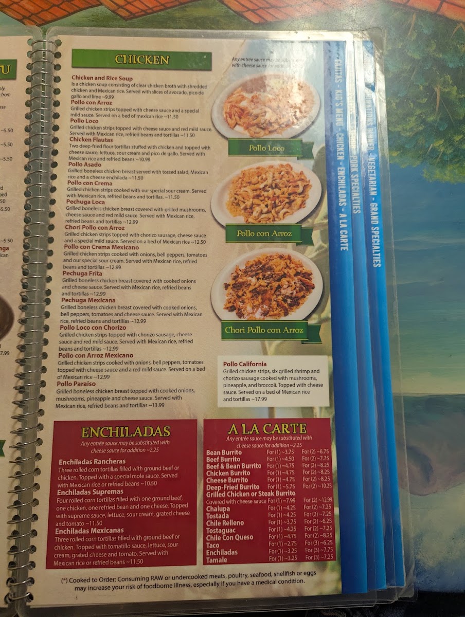 El Paisaje Mexican Grill menu board