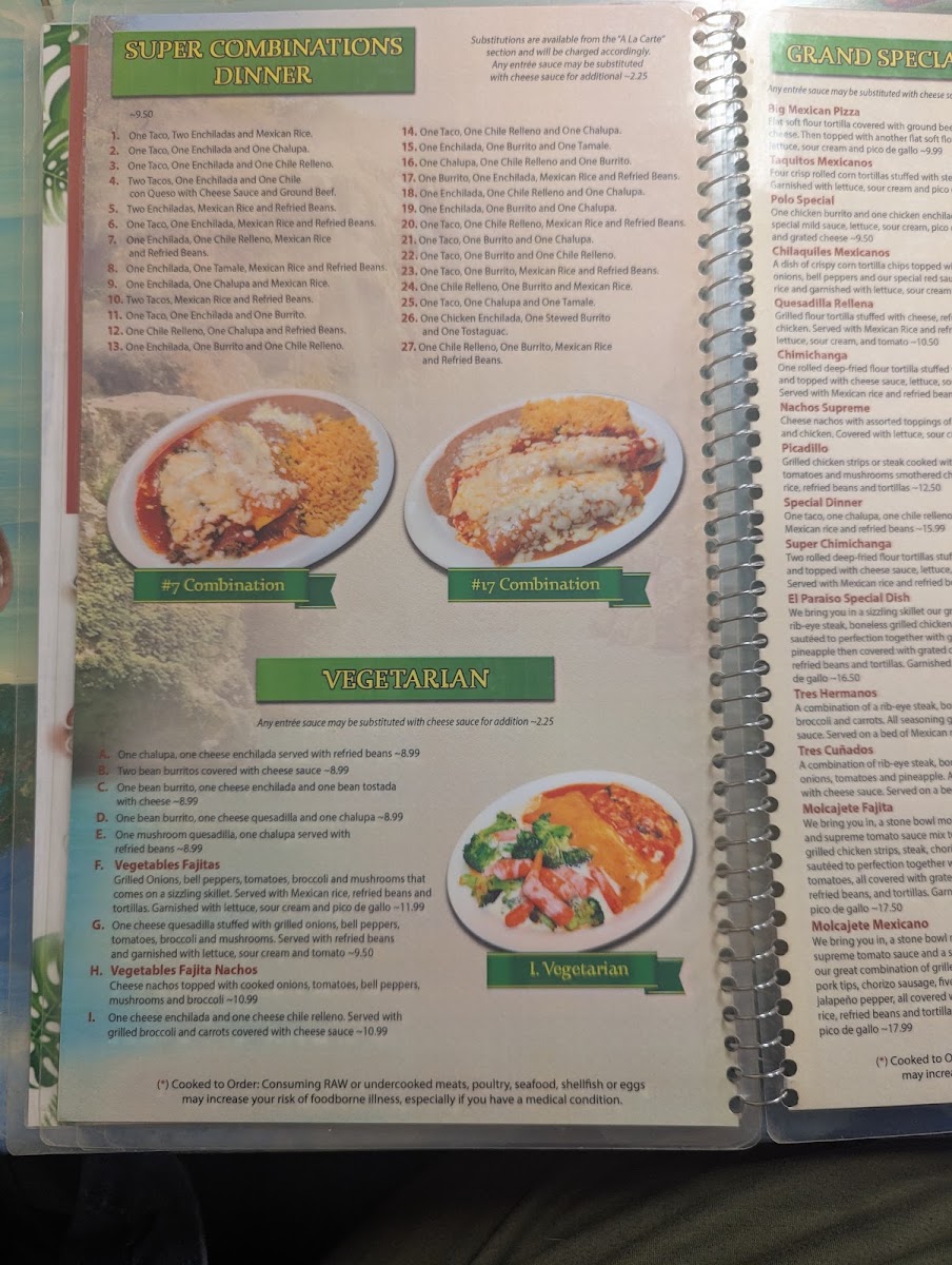 El Paisaje Mexican Grill menu board