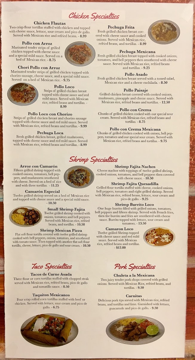 El Paisaje Mexican Grill menu board