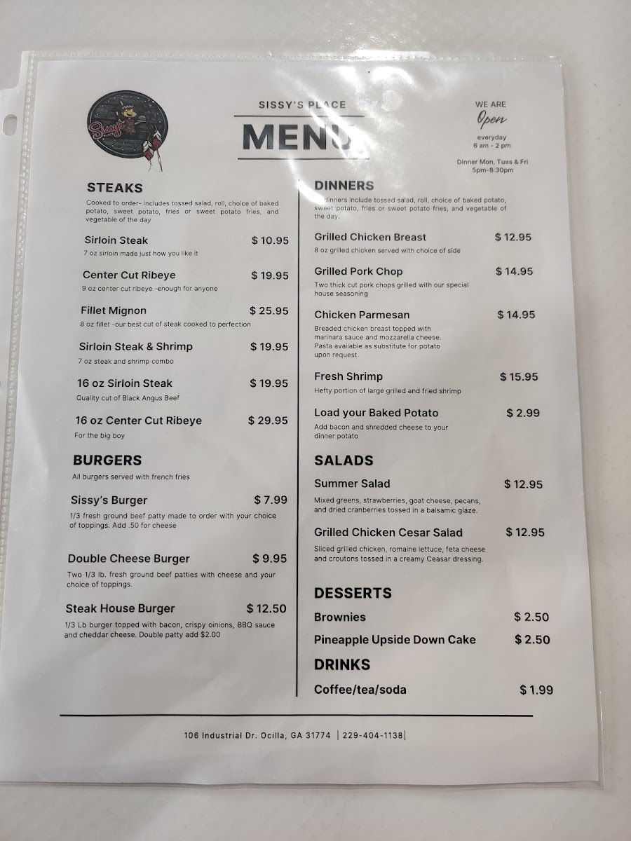Sissy’s Place menu board