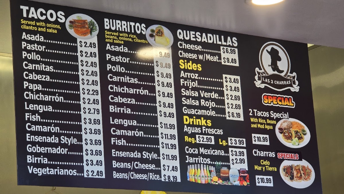 Taqueria Las 3 Charras menu board