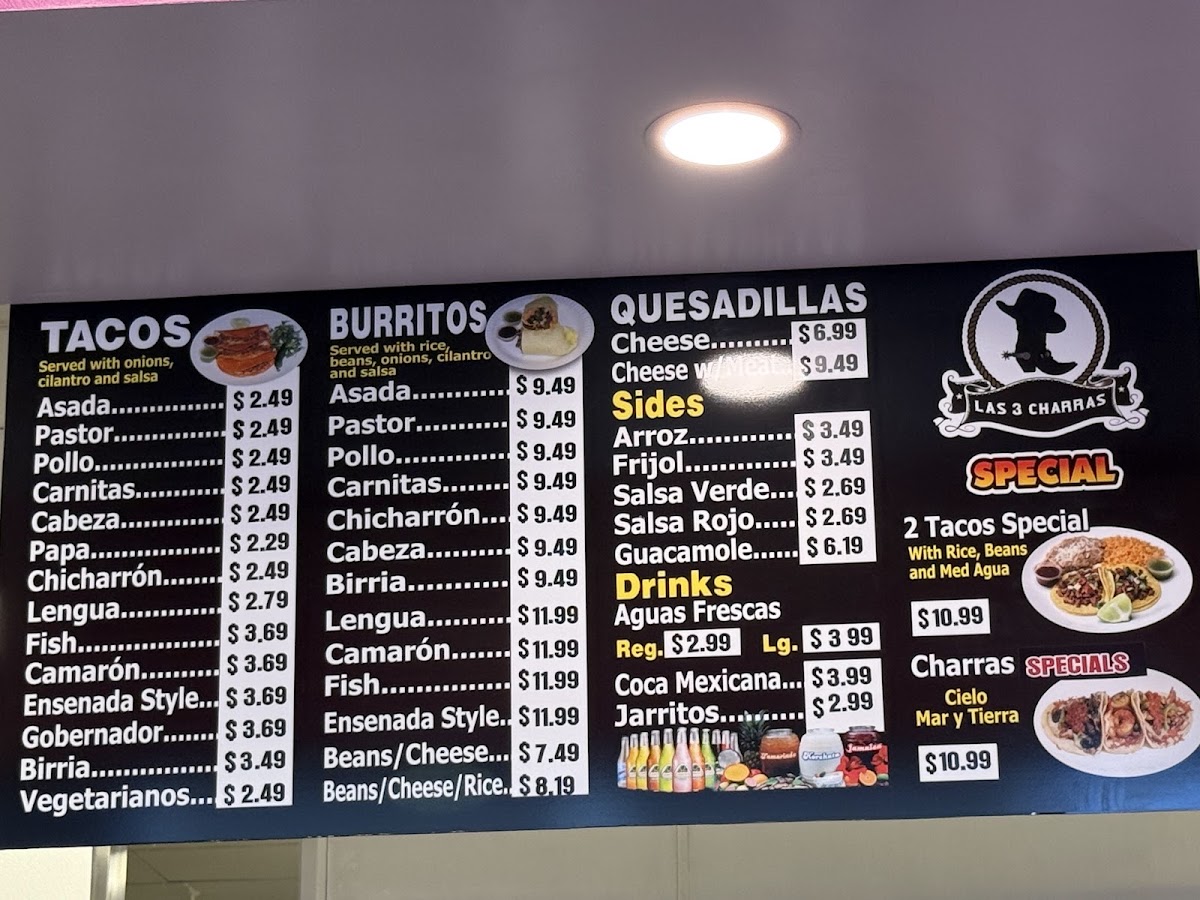 Taqueria Las 3 Charras menu board