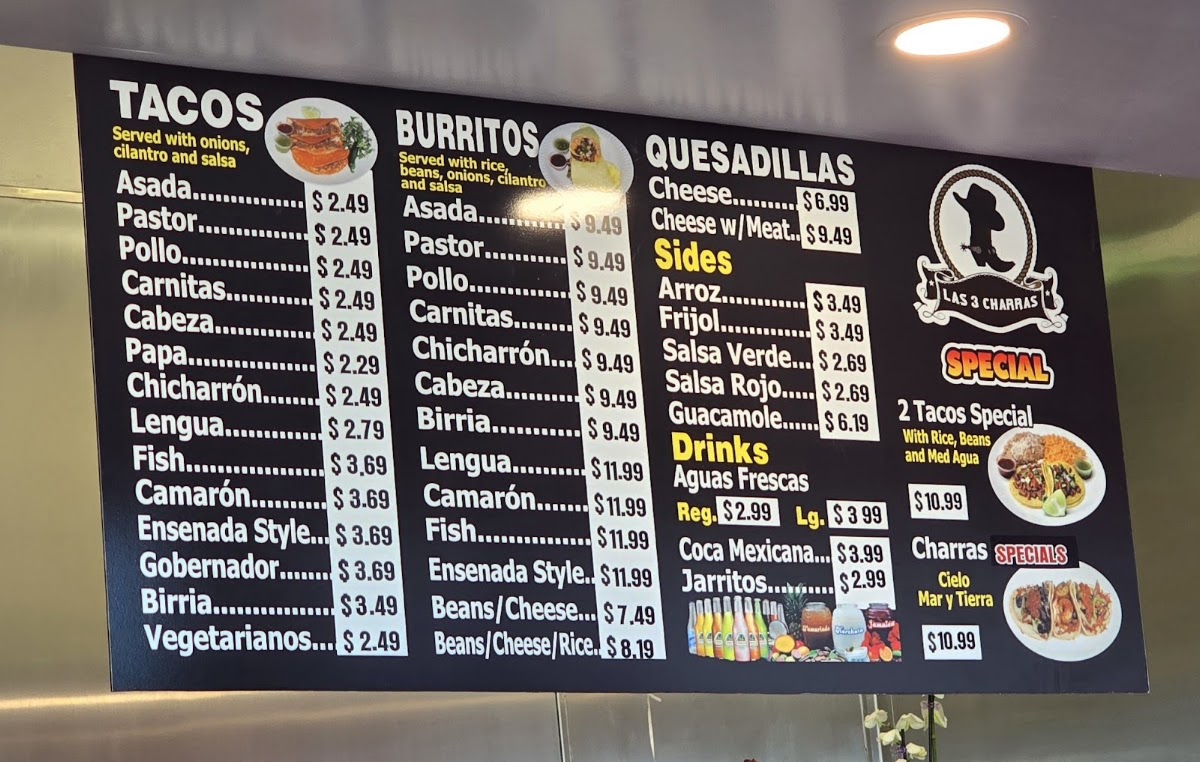 Taqueria Las 3 Charras menu board