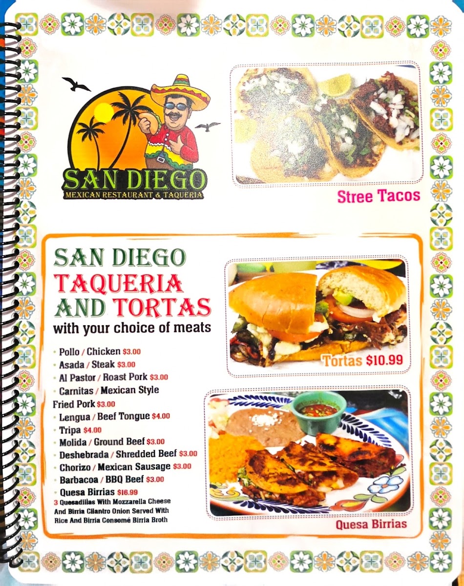 San Diego Mexican Restaurant & Taqueria menu board