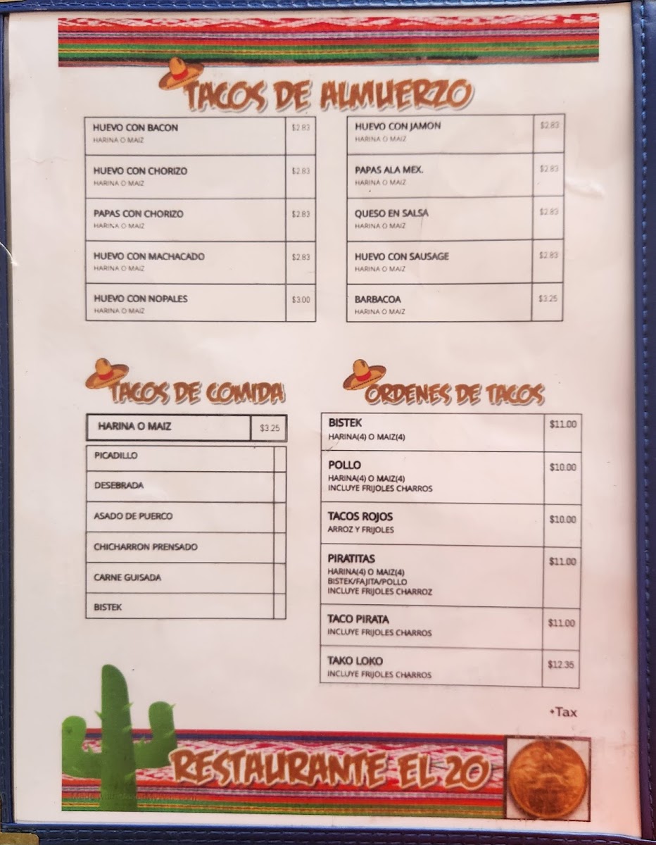 Meat Market & Taco Restaurant 20 menu board