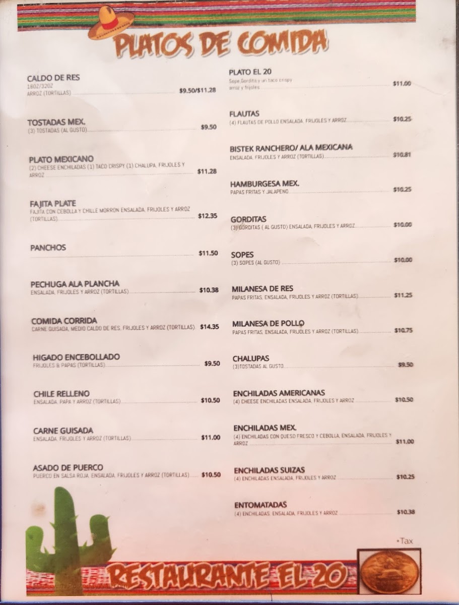Meat Market & Taco Restaurant 20 menu board