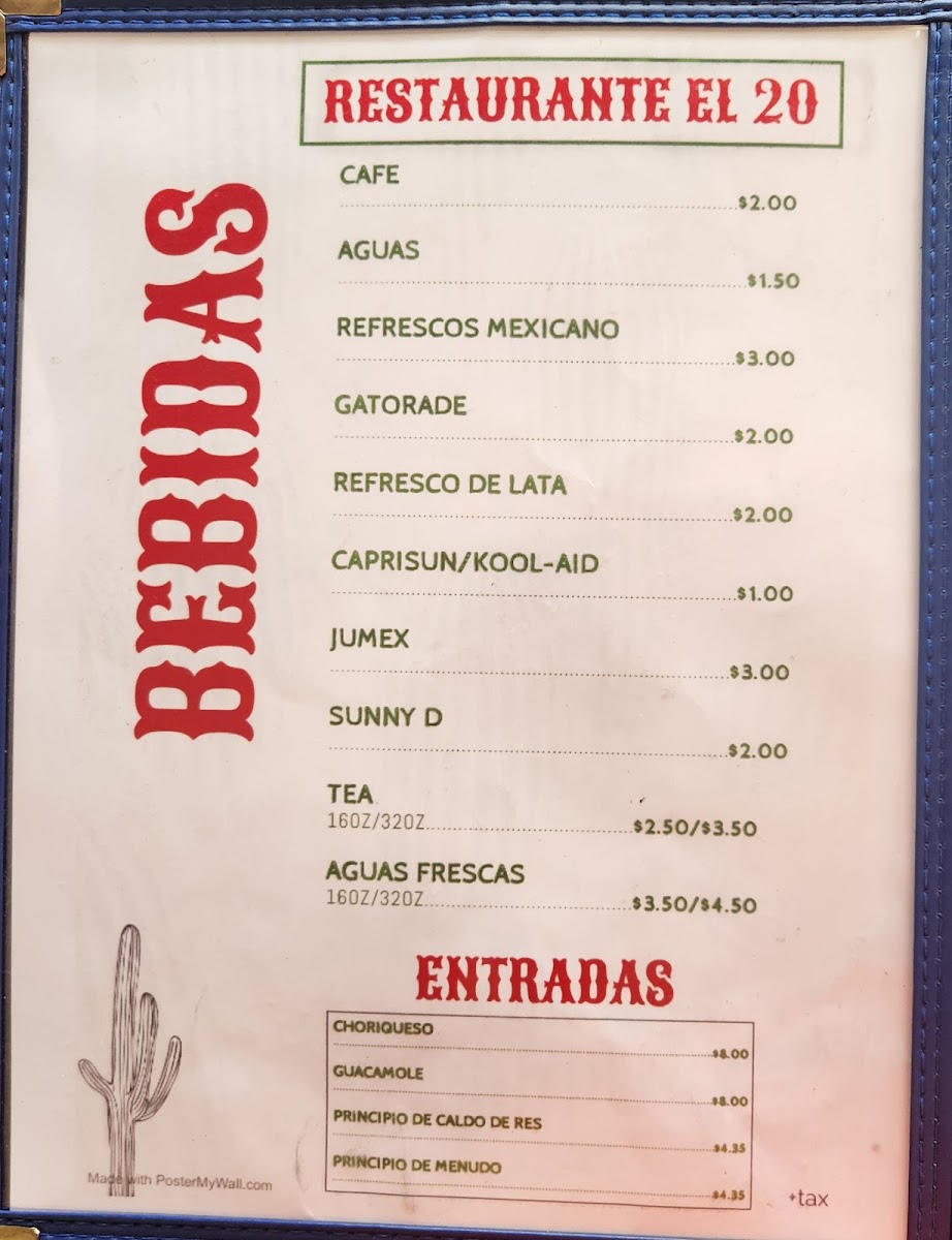 Meat Market & Taco Restaurant 20 menu board