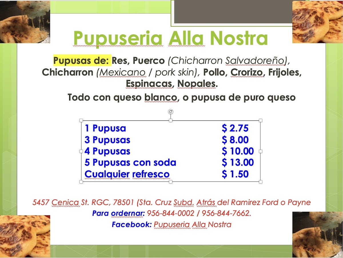 Pupuseria Alla Nostra menu board