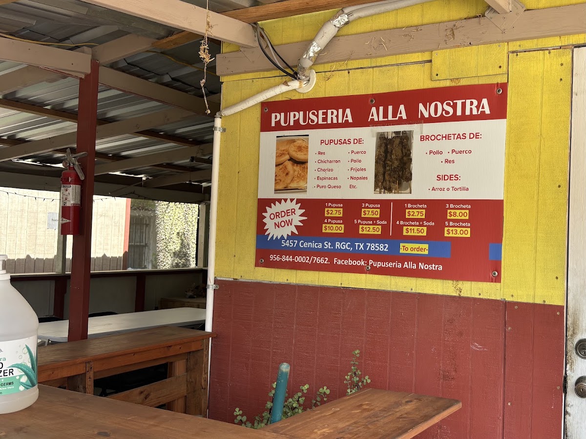 Pupuseria Alla Nostra menu board