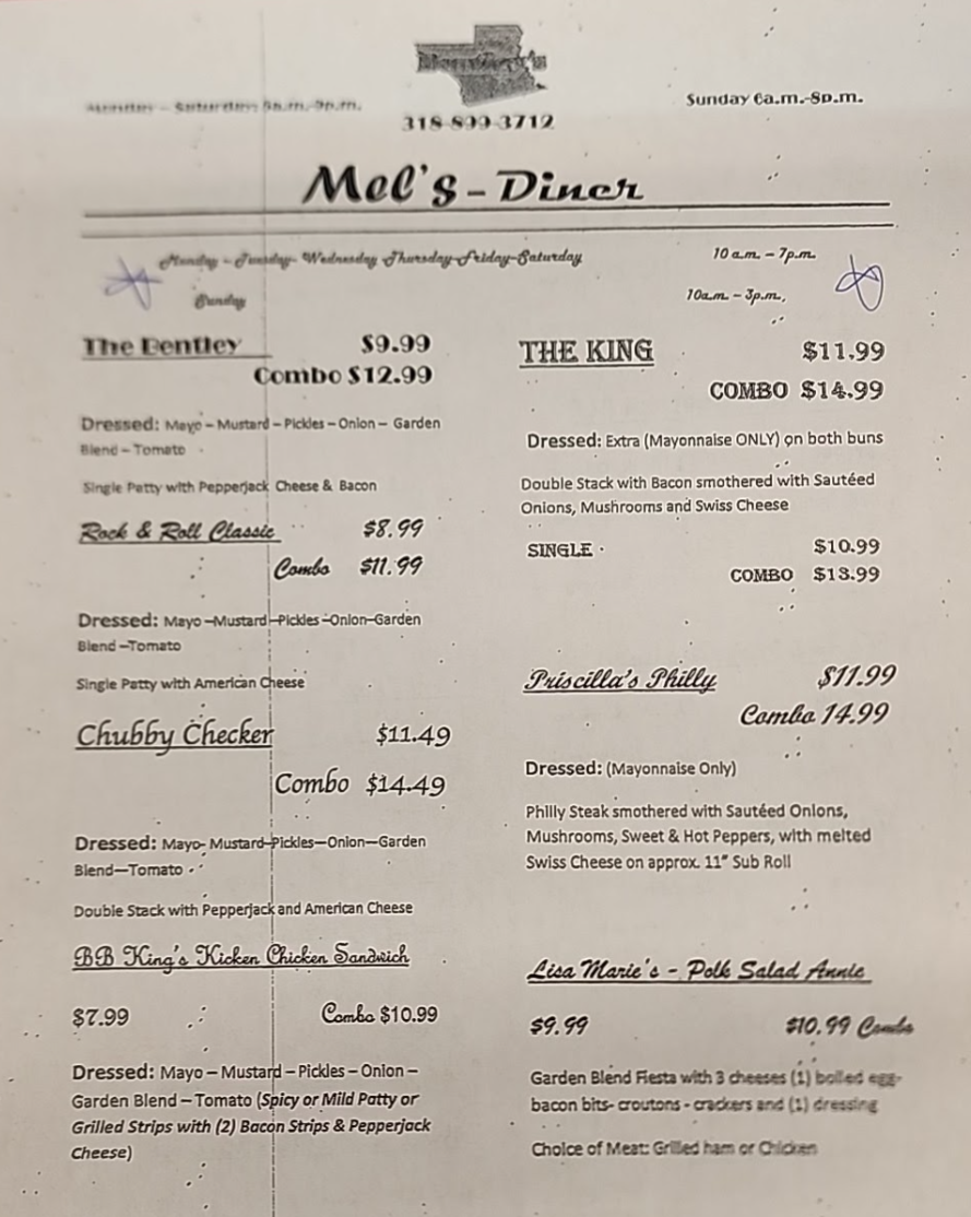 Mel's Diner menu board
