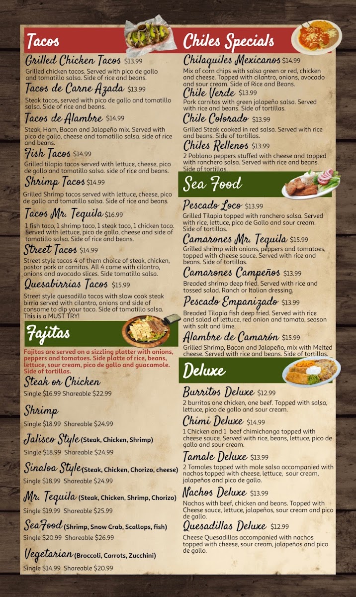 Mr. Tequila Mexican Restaurant menu board