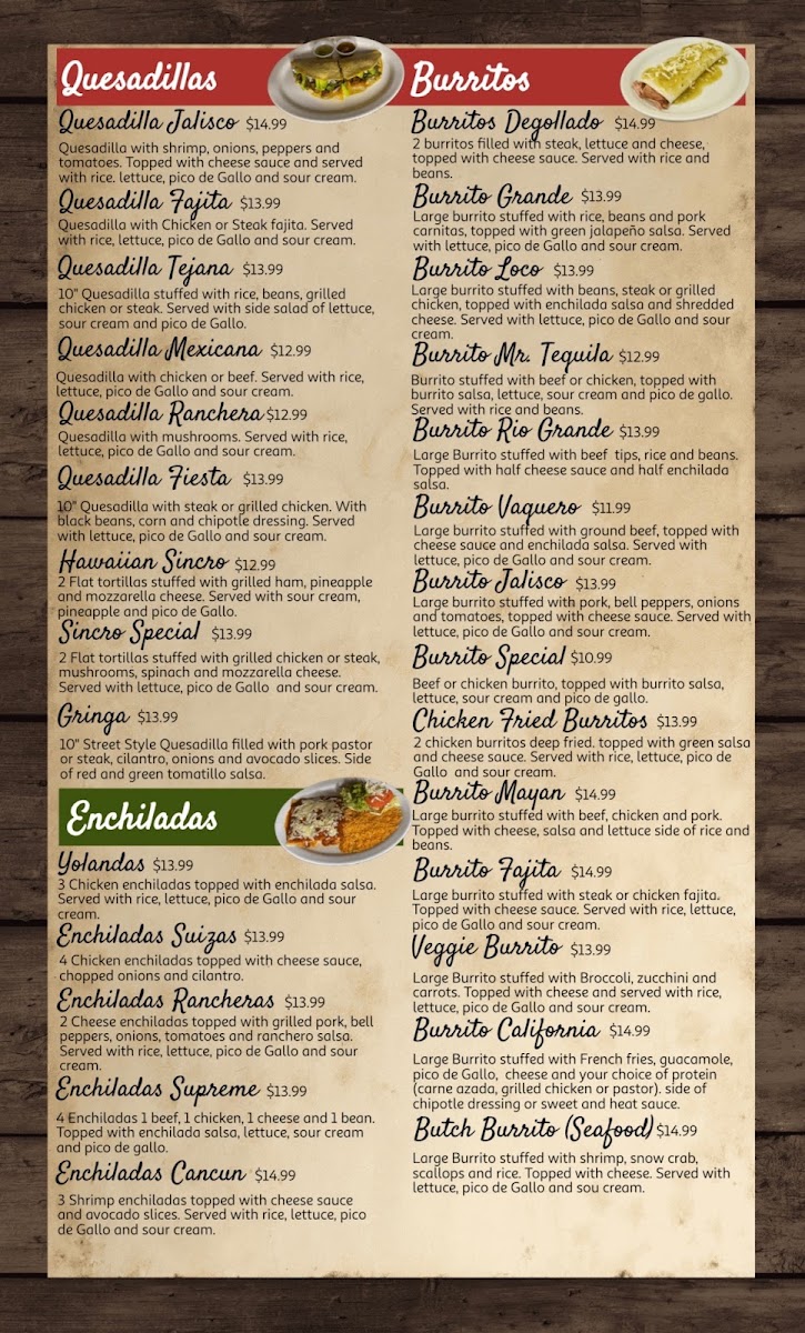 Mr. Tequila Mexican Restaurant menu board