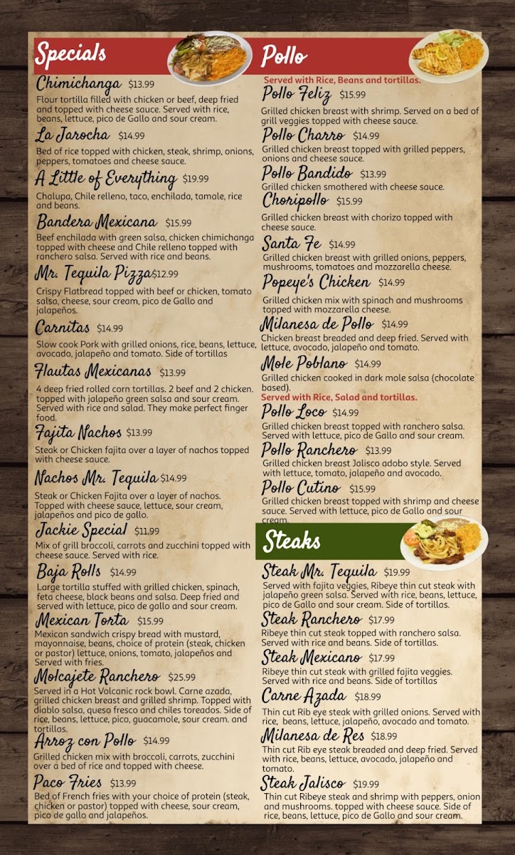 Mr. Tequila Mexican Restaurant menu board
