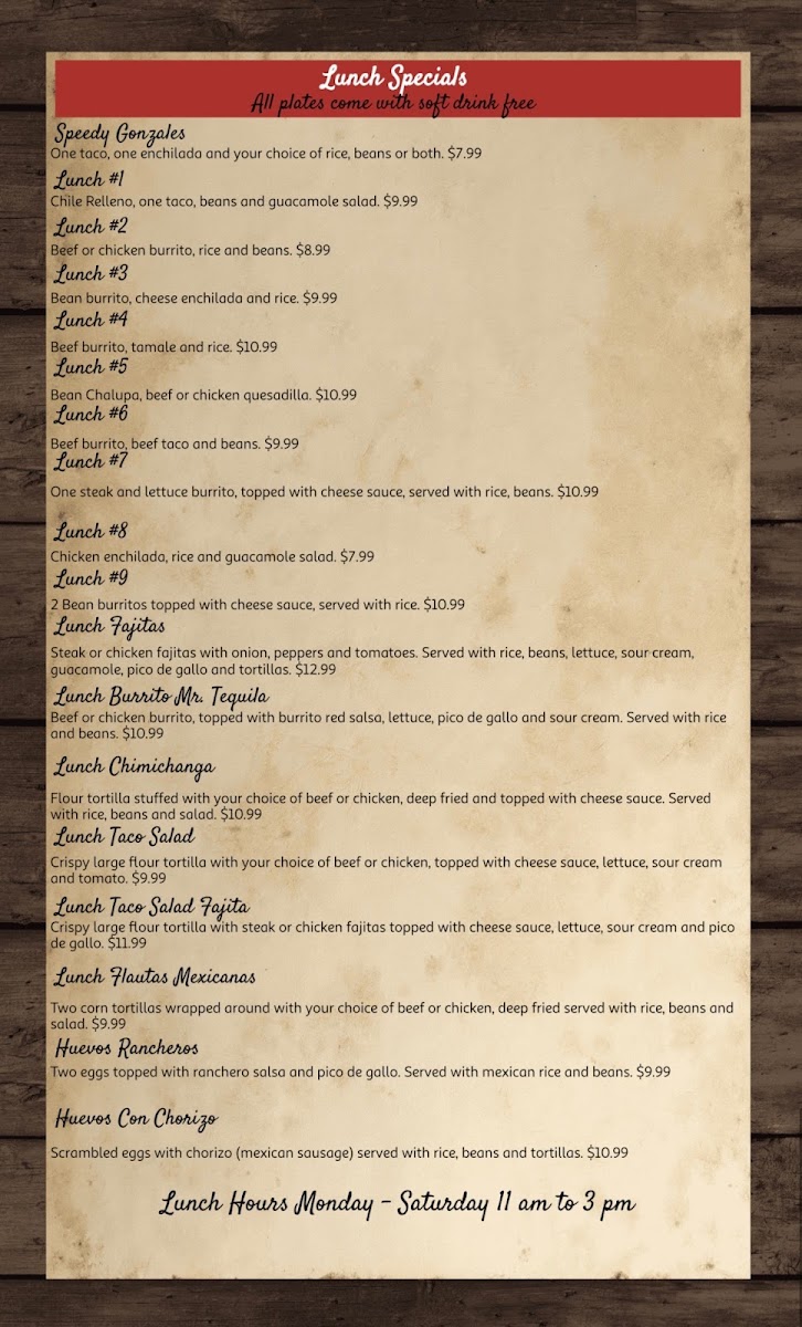 Mr. Tequila Mexican Restaurant menu board