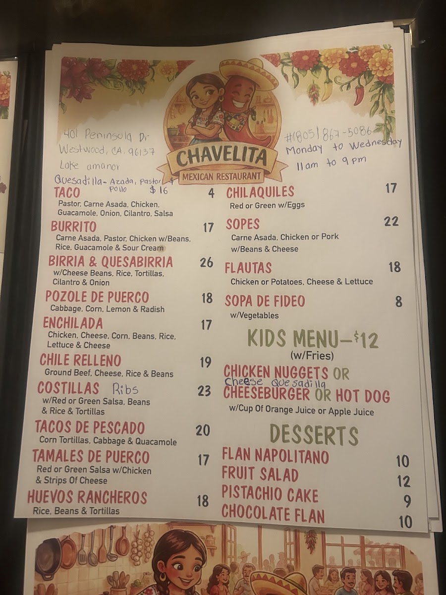 CHAVELITA MEXICAN RESTAURANT menu board