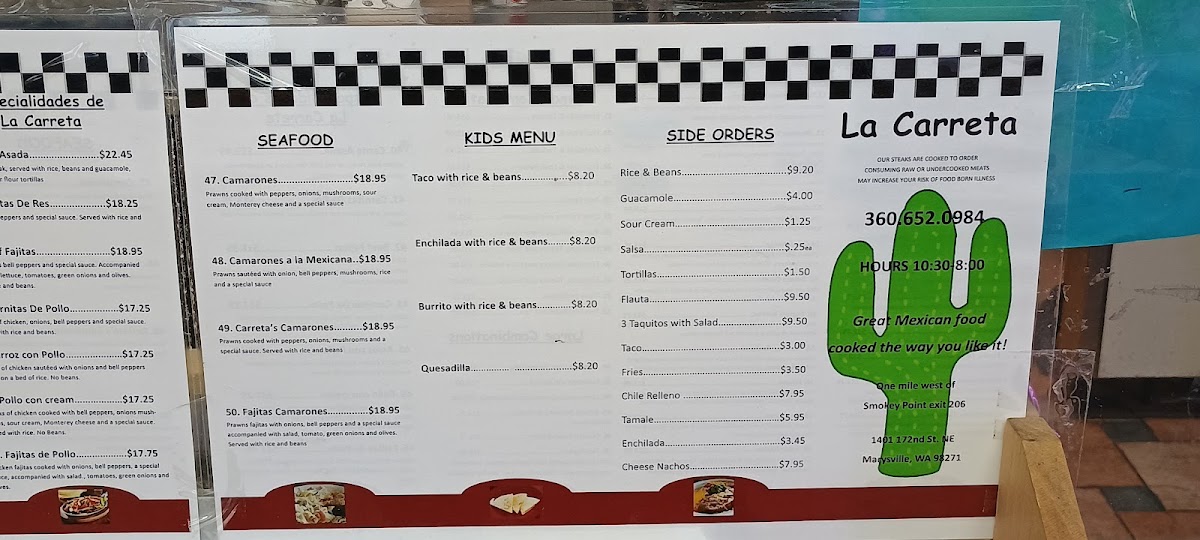 La Carreta Mexican Restaurant menu board