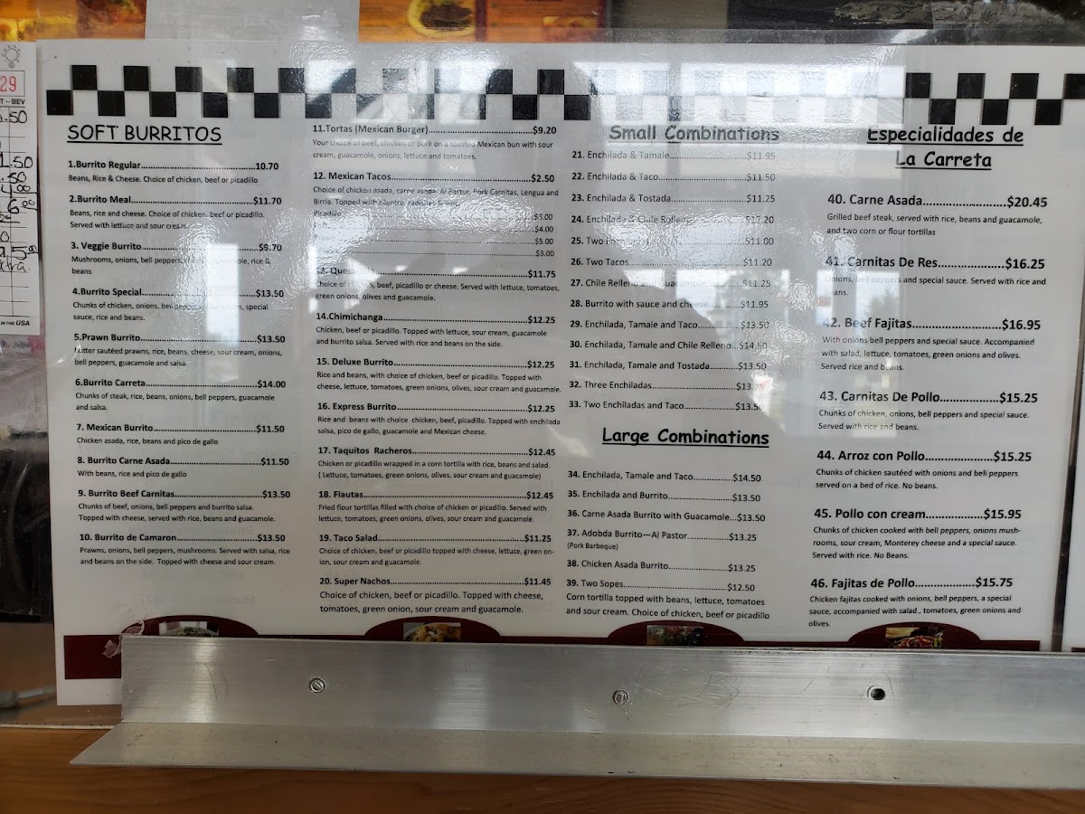 La Carreta Mexican Restaurant menu board