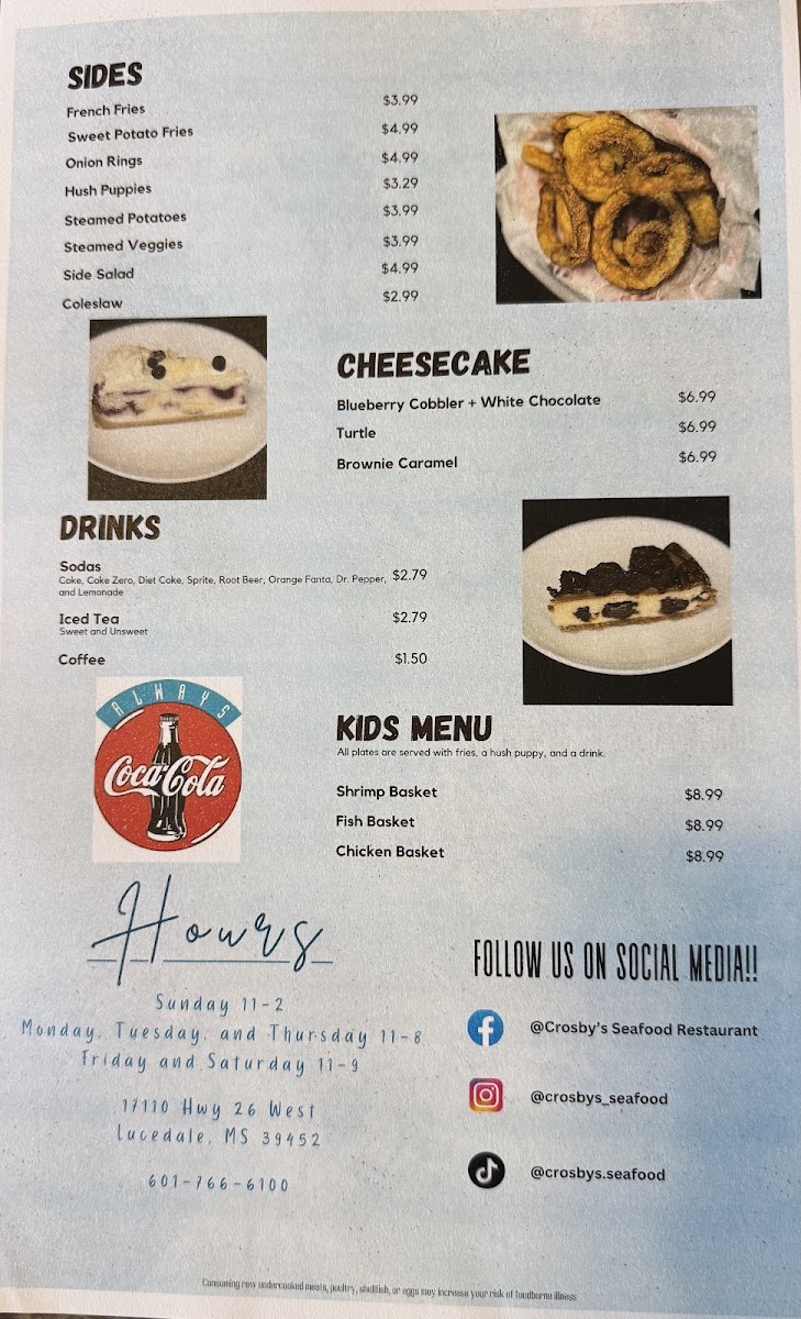 Crosby's | Seafood Restaurant menu board