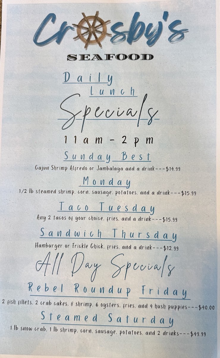 Crosby's | Seafood Restaurant menu board