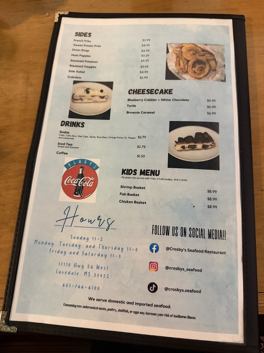 Crosby's | Seafood Restaurant menu board