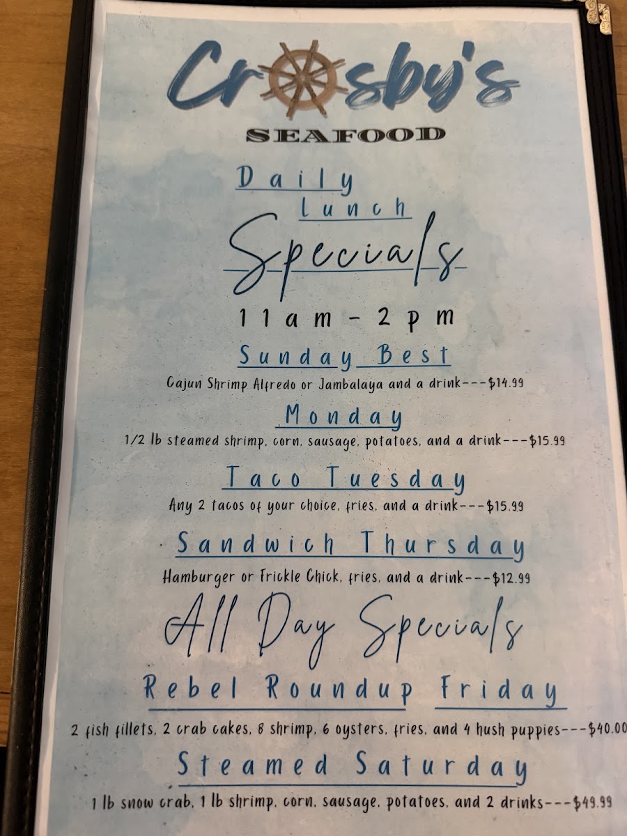 Crosby's | Seafood Restaurant menu board