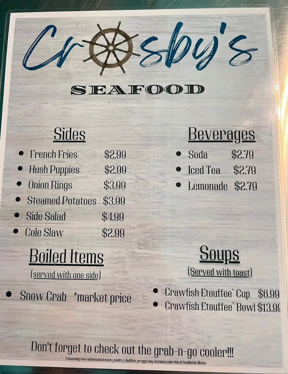 Crosby's | Seafood Restaurant menu board