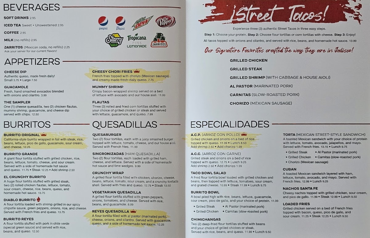 Reyes Taqueria & Cantina menu board