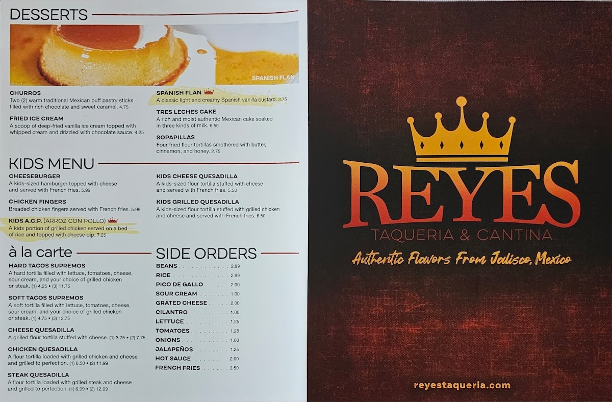 Reyes Taqueria & Cantina menu board