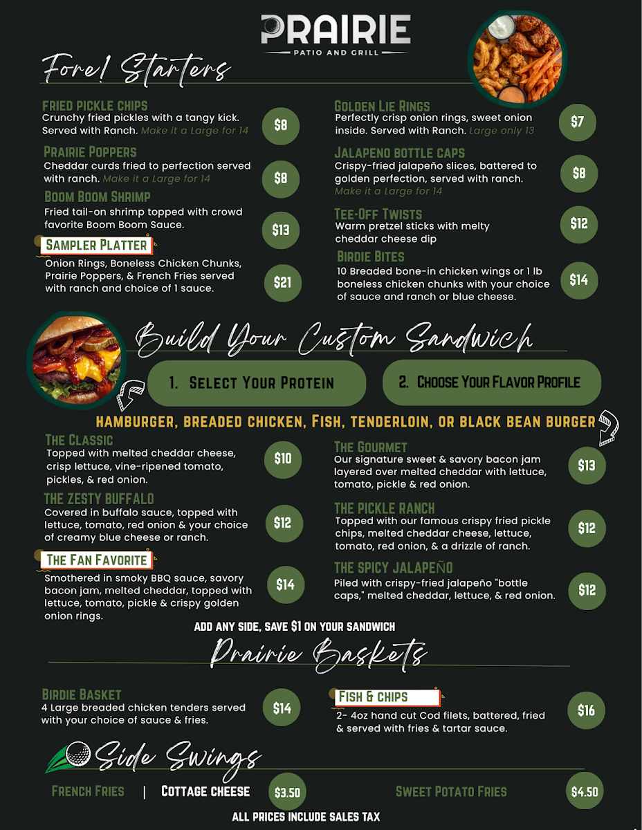 Prairie Patio & Grill menu board