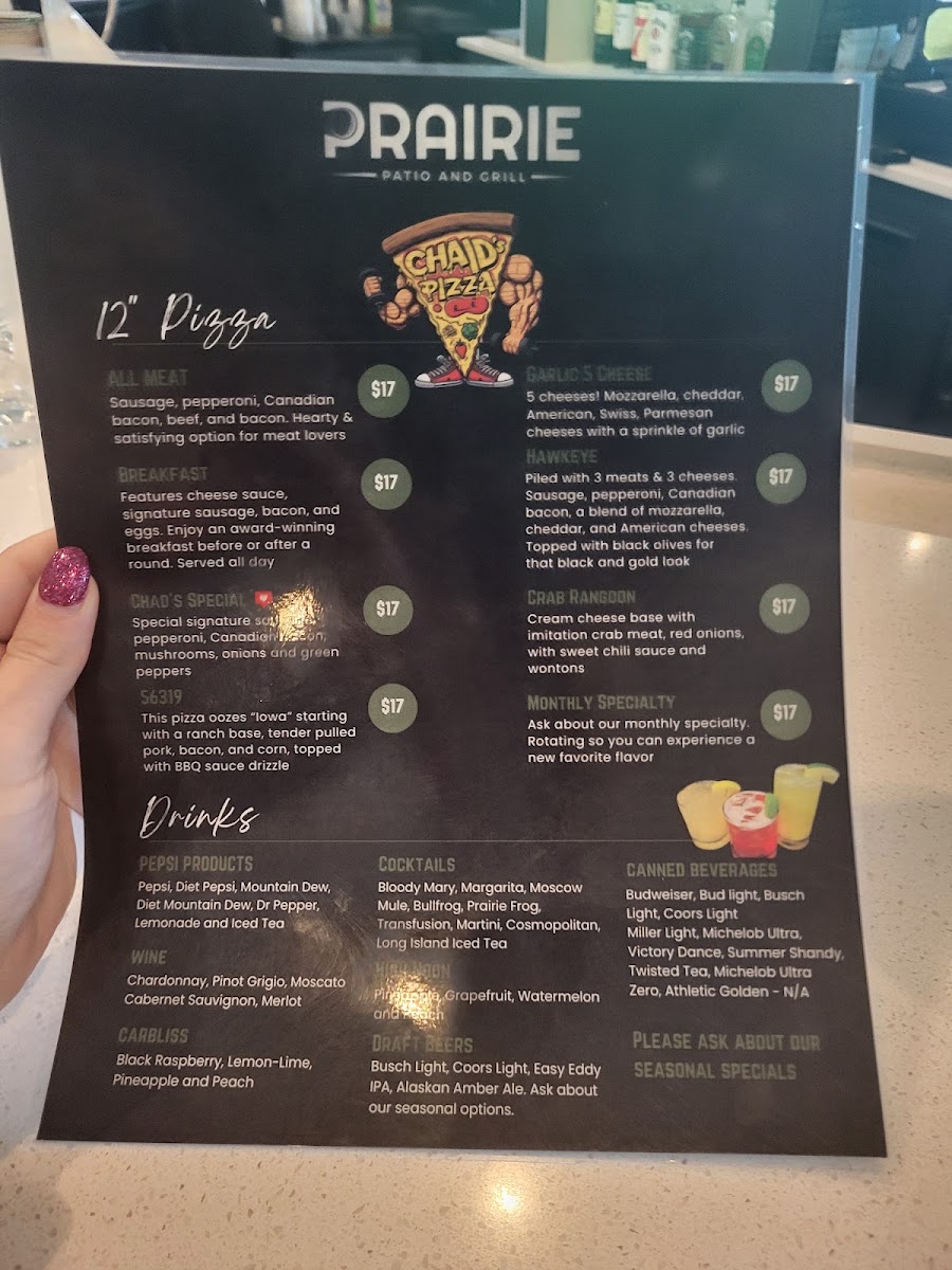 Prairie Patio & Grill menu board