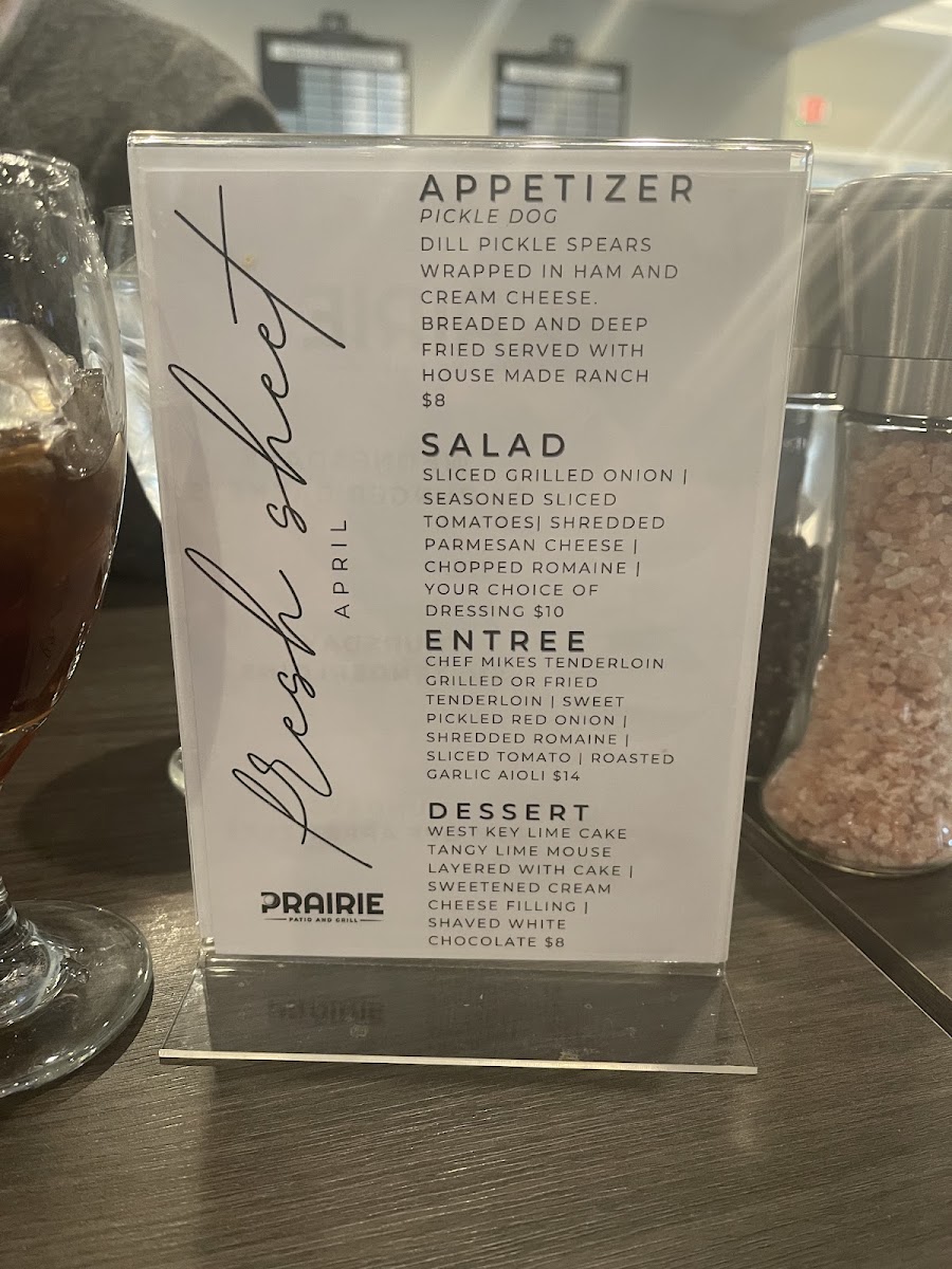 Prairie Patio & Grill menu board