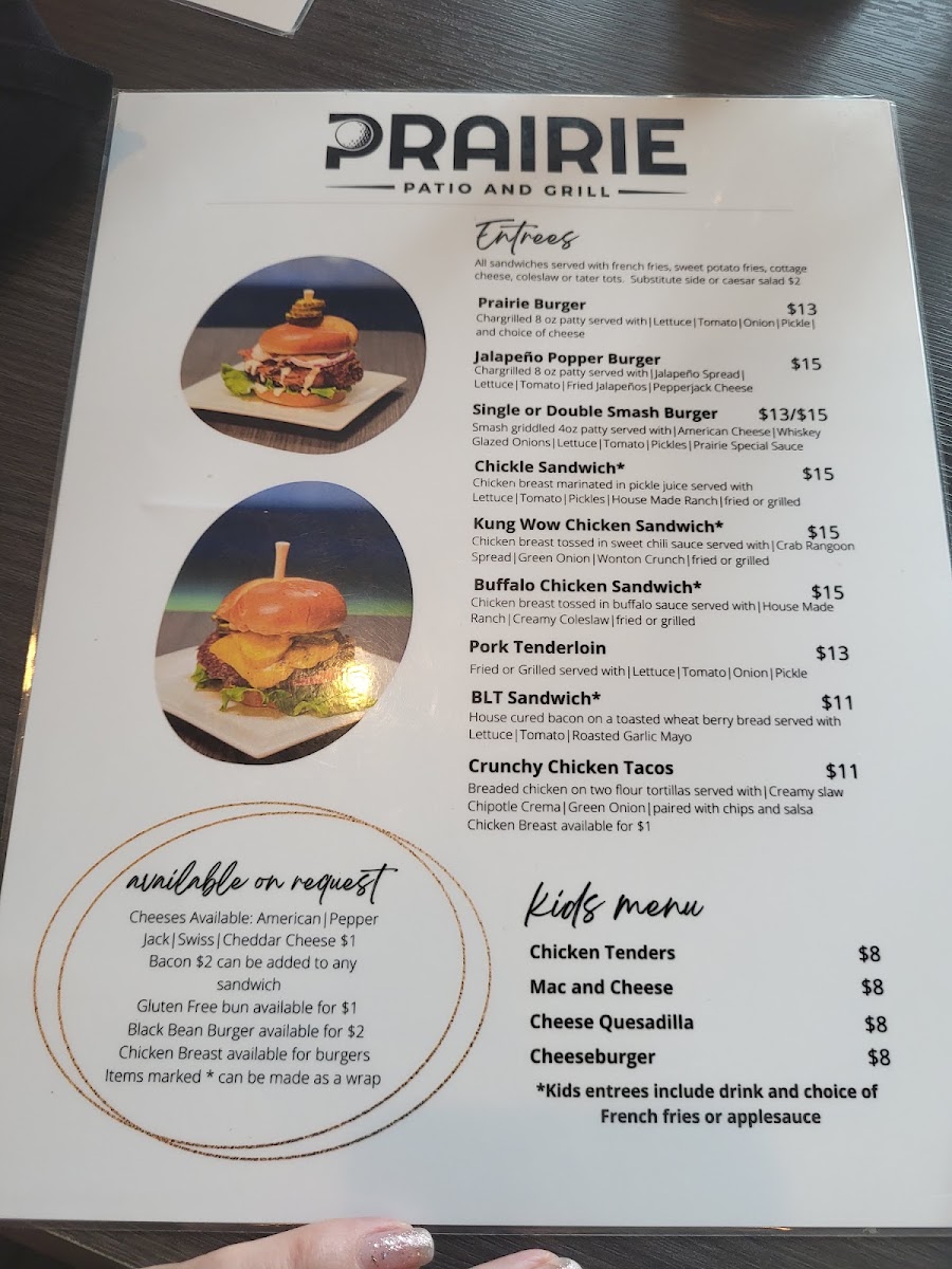 Prairie Patio & Grill menu board