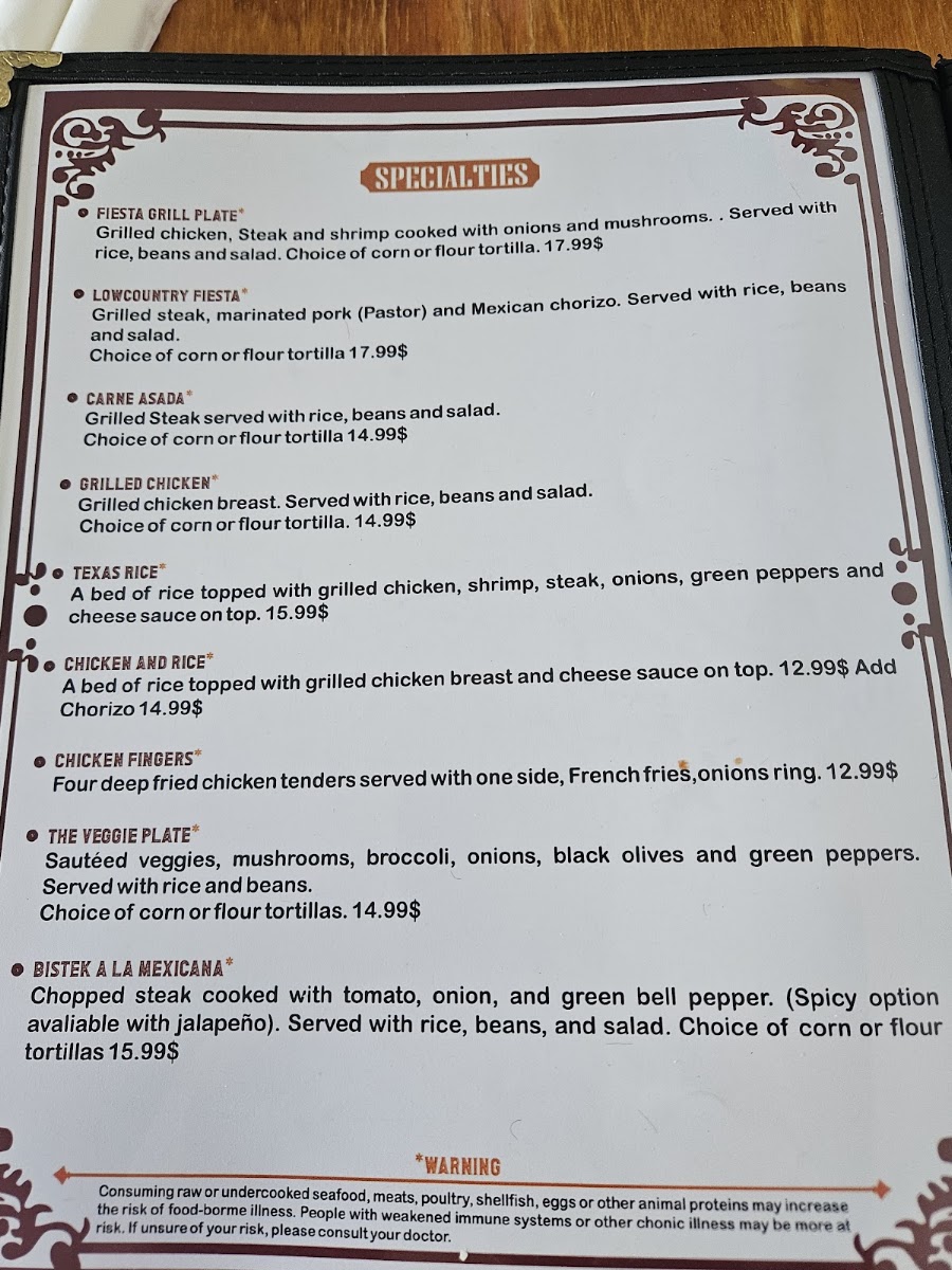 LOWCOUNTRY FIESTA GRILL menu board
