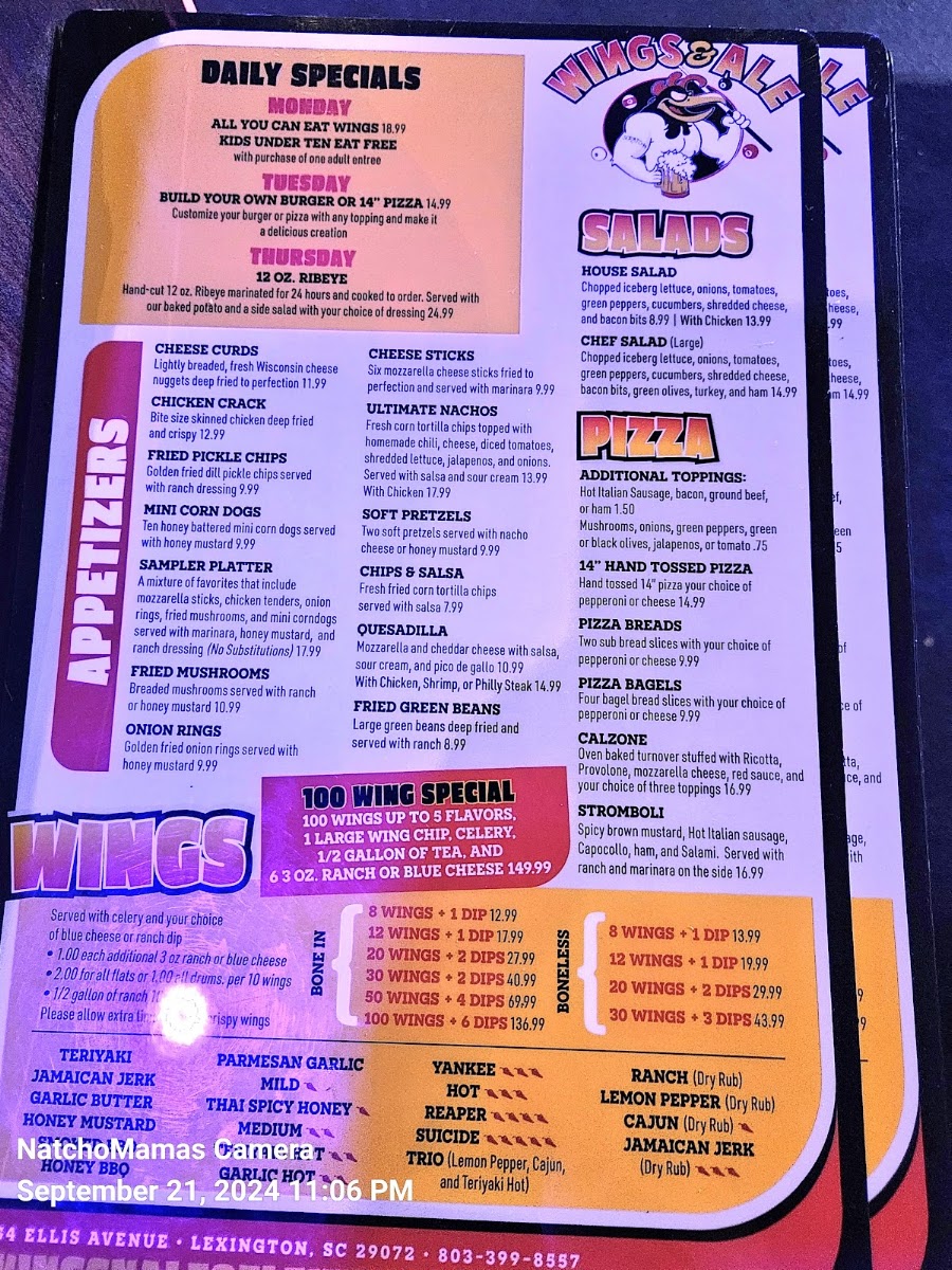 Wings & Ale of Lexington menu board