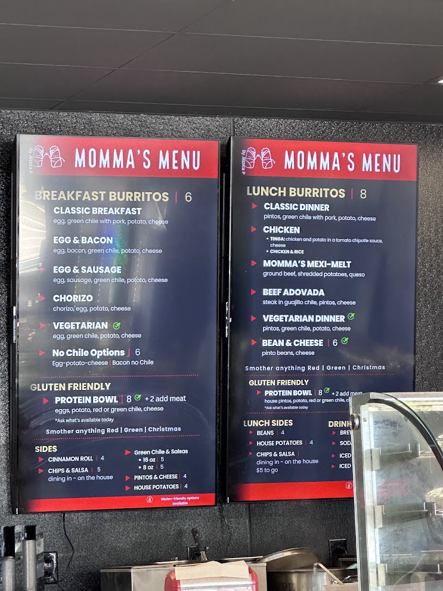 Momma Perez Burritos menu board