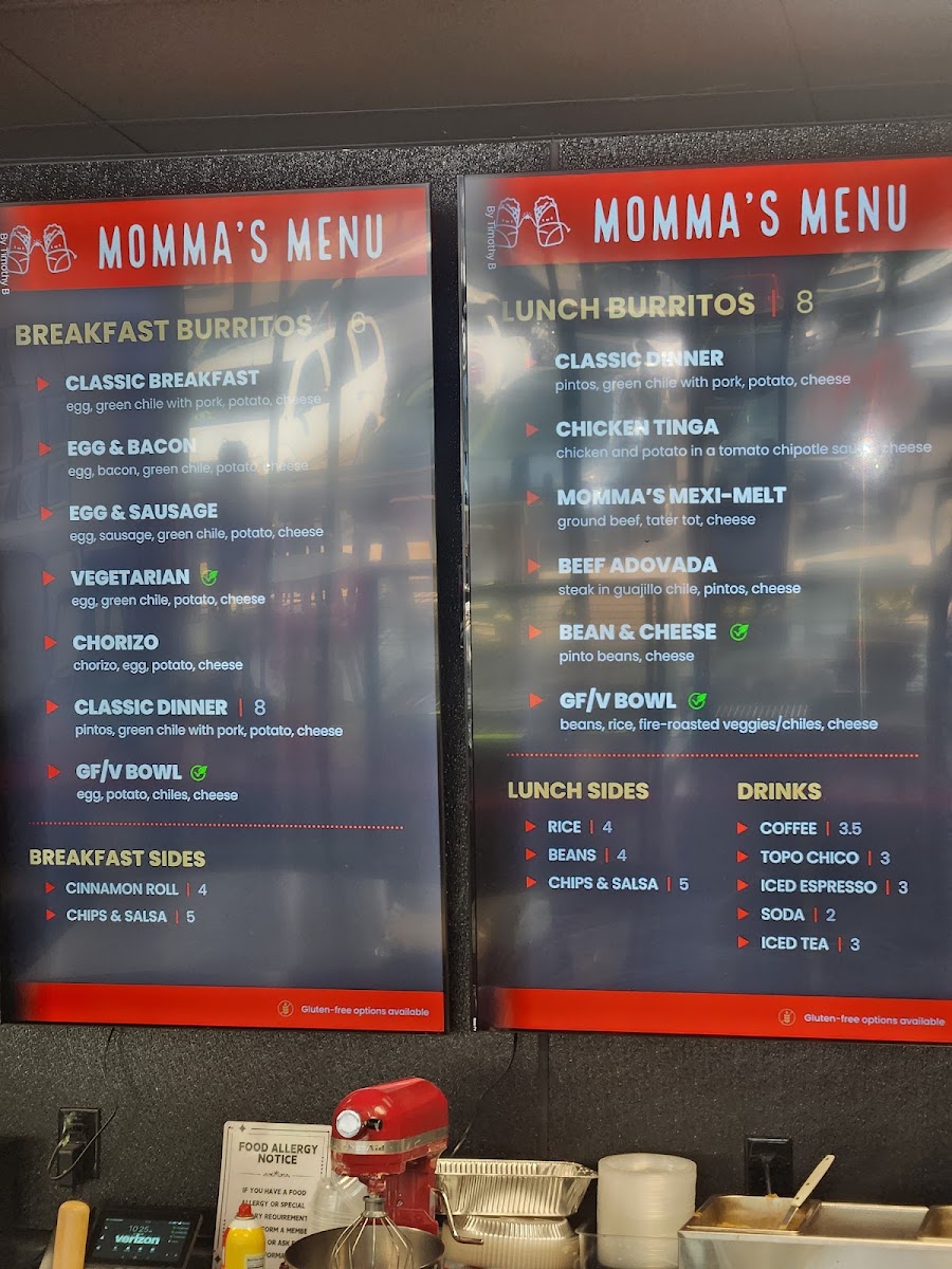 Momma Perez Burritos menu board