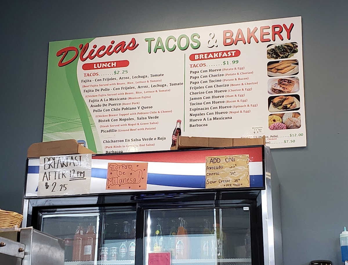 Dlicias Tacos & Bakery menu board