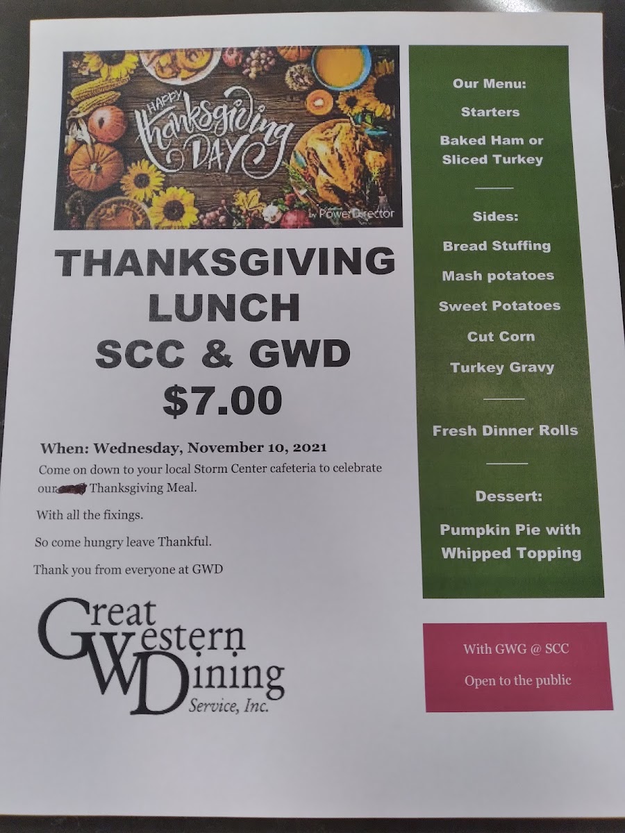 Great Western Dining at Southeast Community College menu board