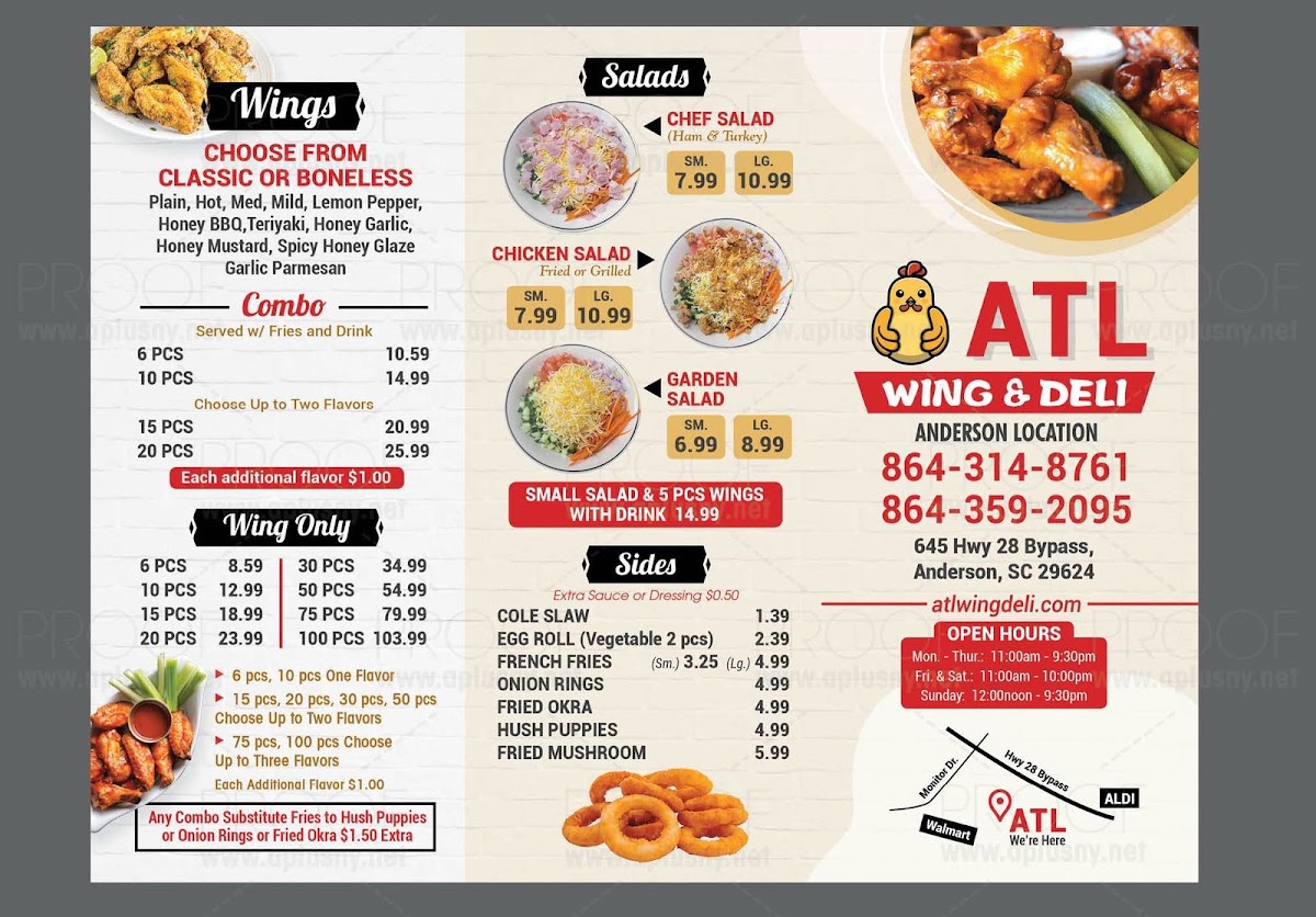 ATL WING & DELI Anderson menu board
