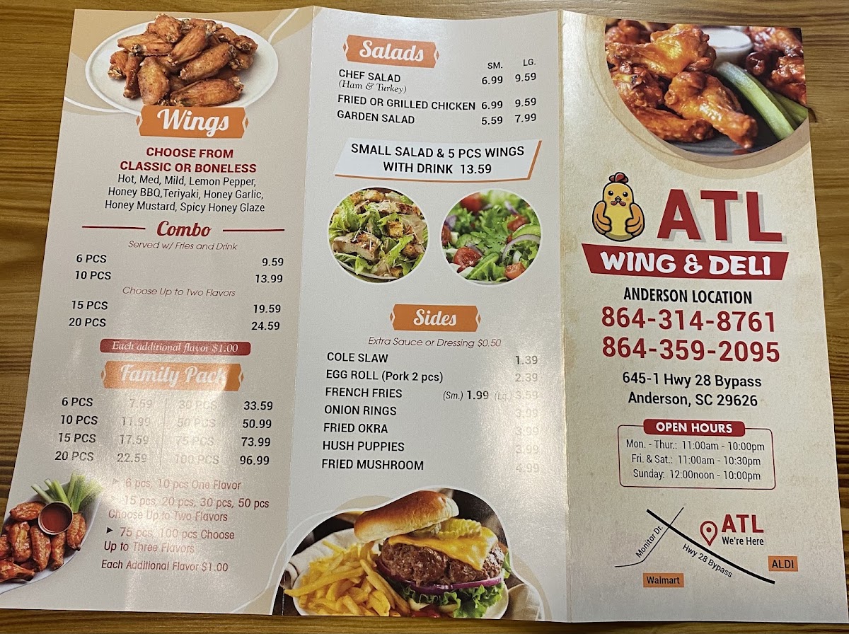 ATL WING & DELI Anderson menu board