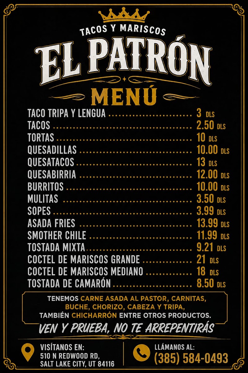 Tacos Y Mariscos El Patron #2 menu board