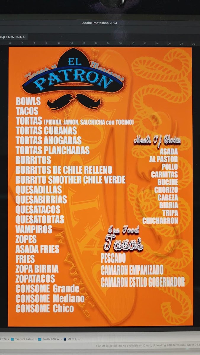 Tacos Y Mariscos El Patron #2 menu board